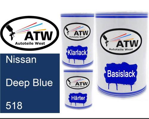 Nissan, Deep Blue, 518: 500ml Lackdose + 500ml Klarlack + 250ml Härter - Set, von ATW Autoteile West.